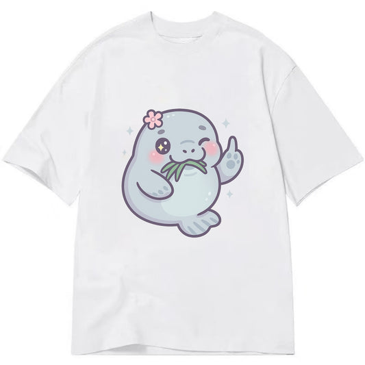 chubby manatee munching on seagrass, one flipper raised with sass - Classic T-shirt - White
