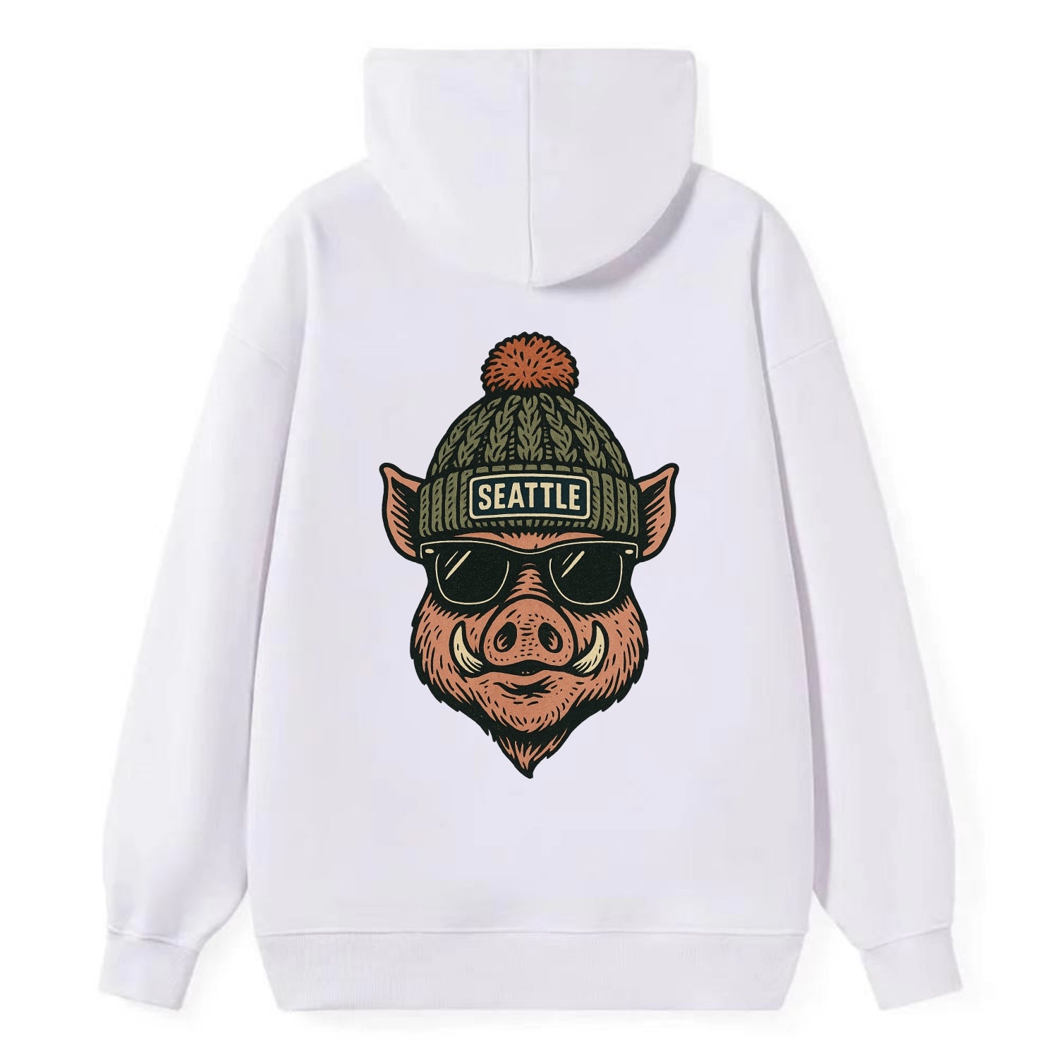 Washington Hog wearing Seattle beanie with pom pom and wayfarer sunglasses - Classic Pullover Hoodie - White