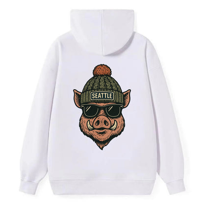 Washington Hog wearing Seattle beanie with pom pom and wayfarer sunglasses - Classic Pullover Hoodie - White