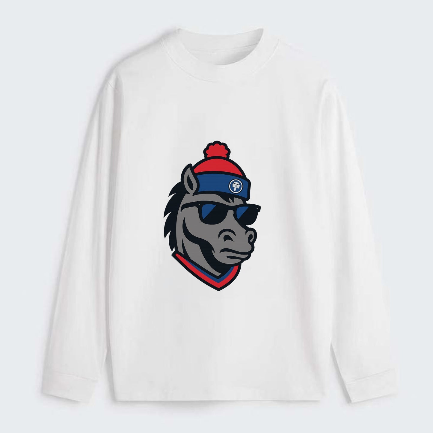 Detroit Stallion wearing Pistons red and blue beanie with piston patch - Classic Long Sleeve Shirt - White
