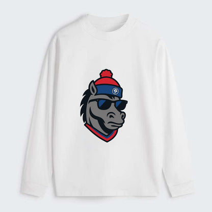 Detroit Stallion wearing Pistons red and blue beanie with piston patch - Classic Long Sleeve Shirt - White