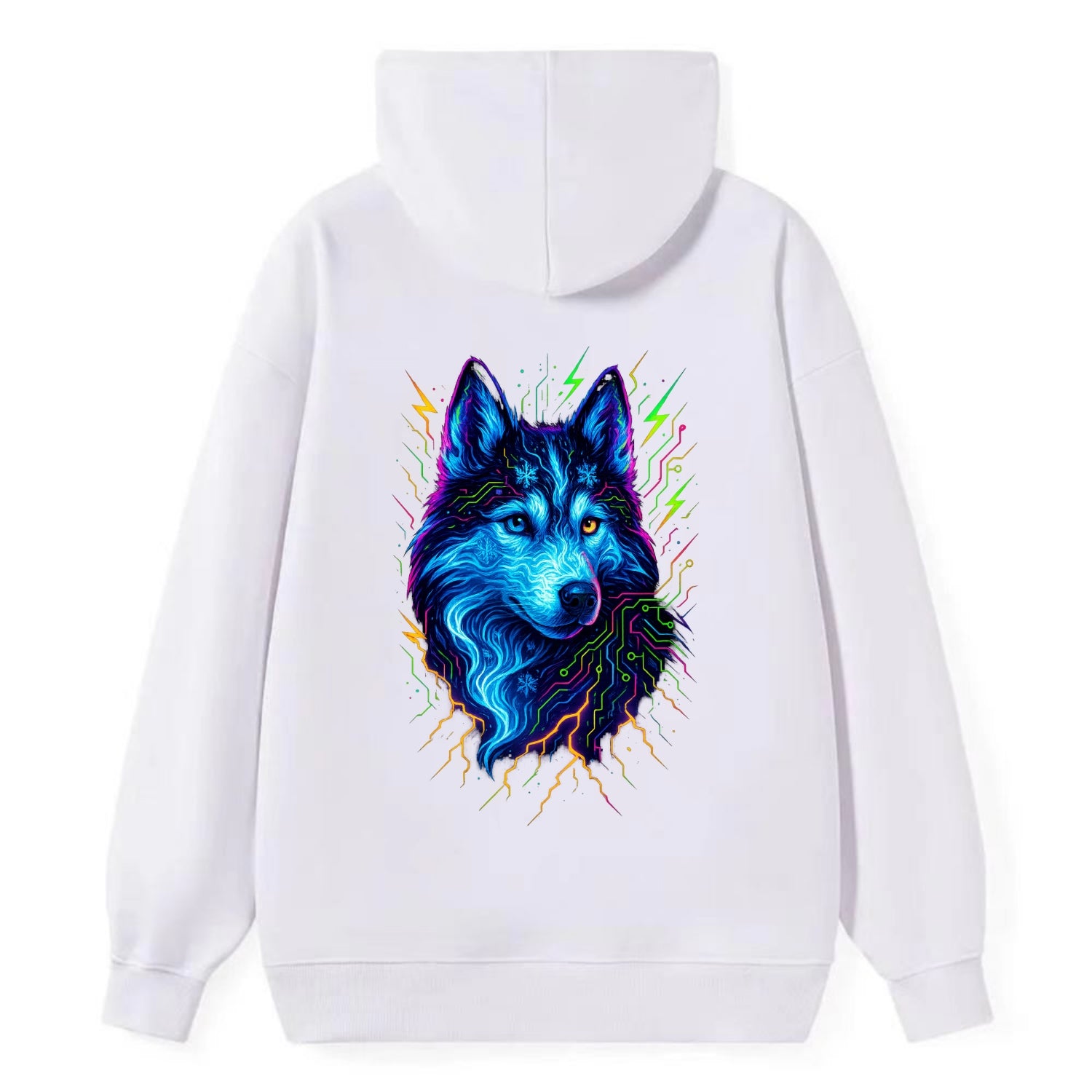 Siberian husky with ice-crystal flowing patterns, electric blue and white - Classic Pullover Hoodie - White
