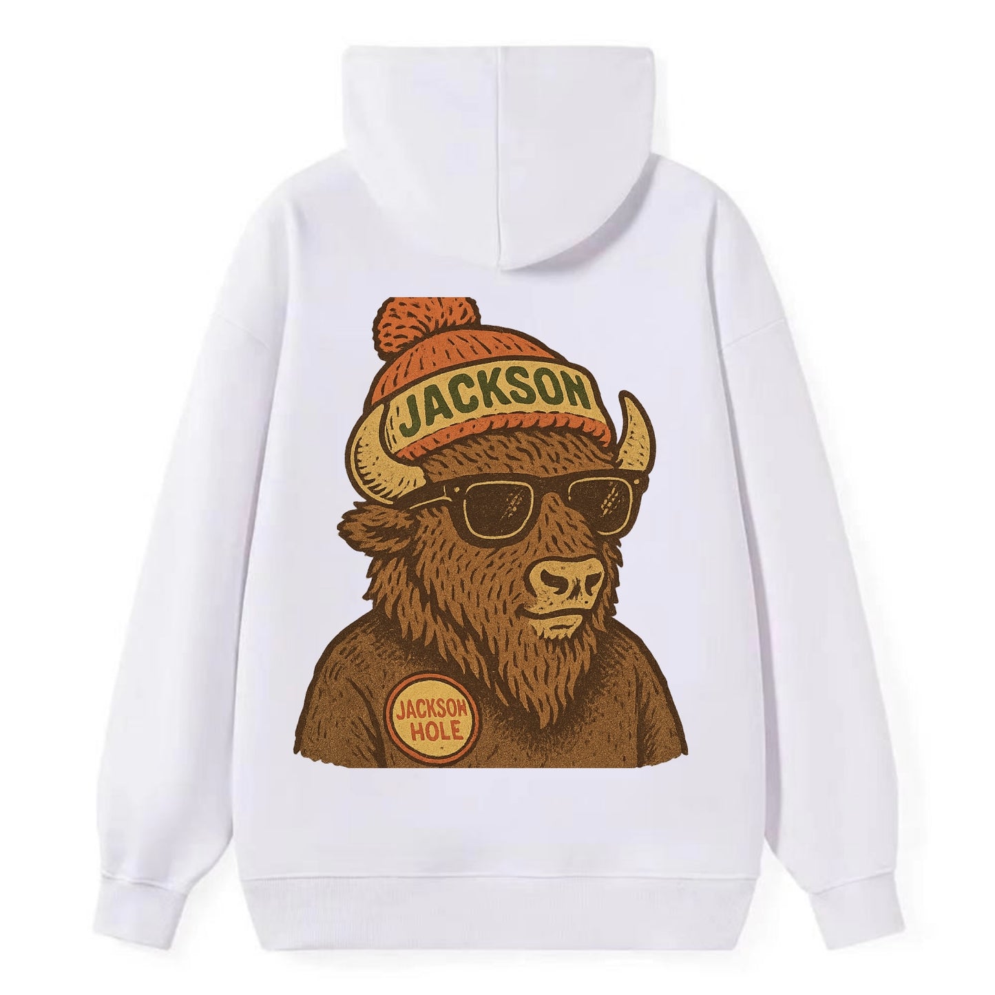 Jackson Hole Bison wearing Jackson beanie with pom pom and wayfarer - Classic Pullover Hoodie - White