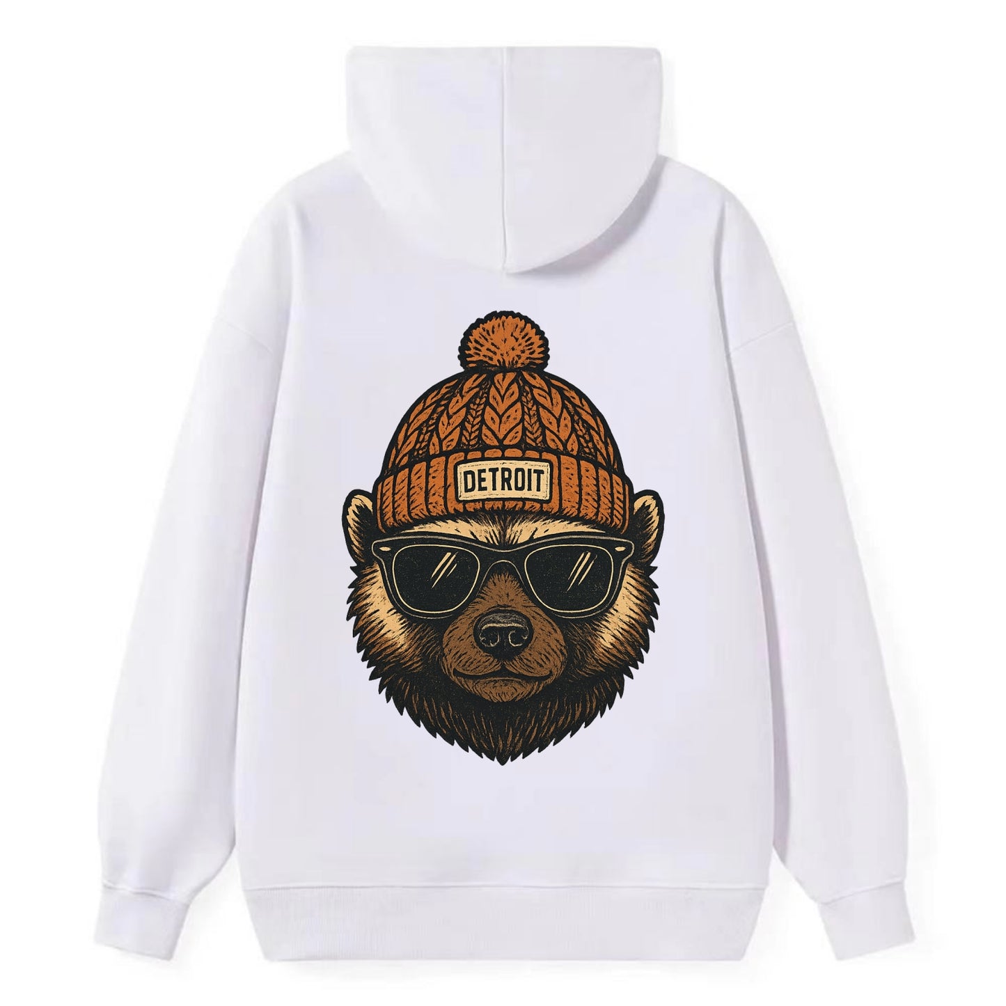 Detroit Wolverine wearing Detroit beanie with pom pom and wayfarer - Classic Pullover Hoodie - White