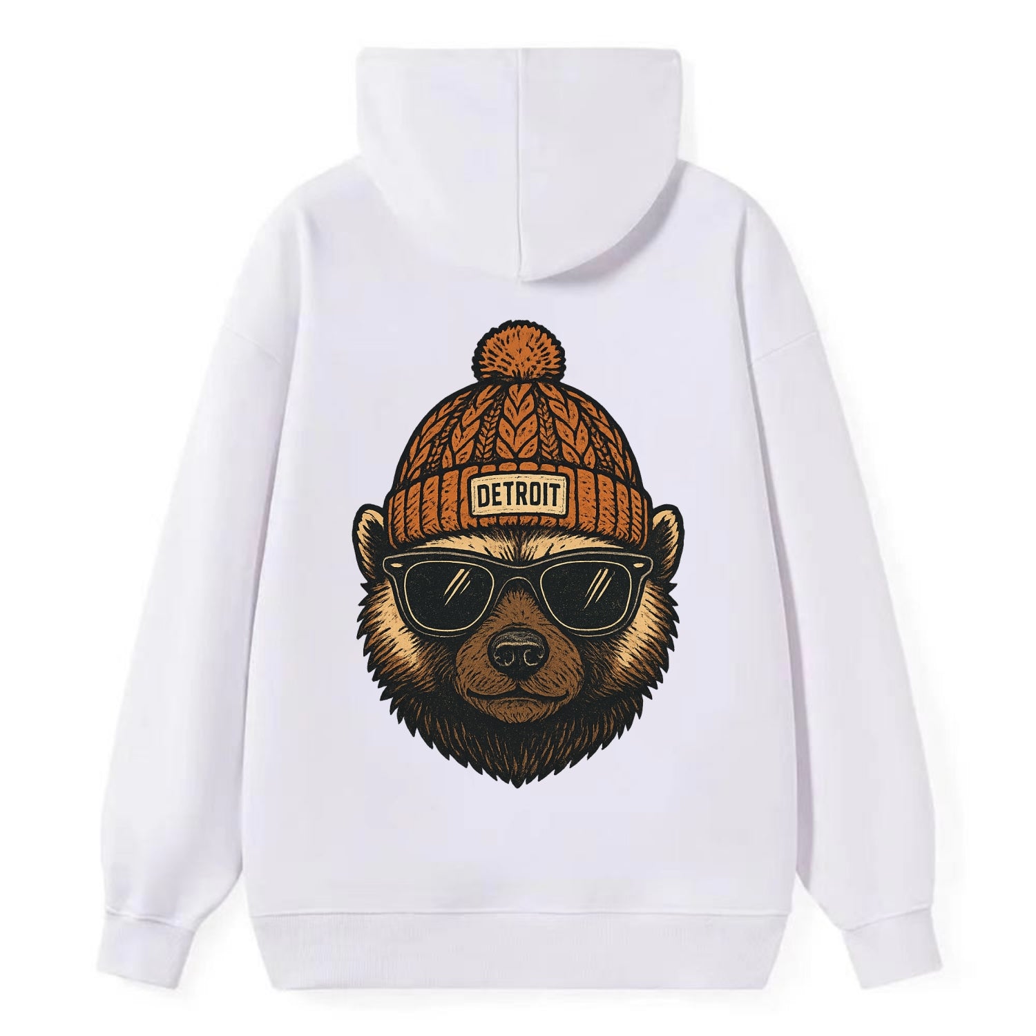 Detroit Wolverine wearing Detroit beanie with pom pom and wayfarer - Classic Pullover Hoodie - White