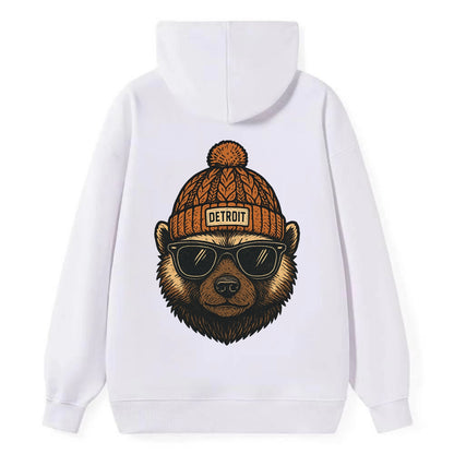 Detroit Wolverine wearing Detroit beanie with pom pom and wayfarer - Classic Pullover Hoodie - White