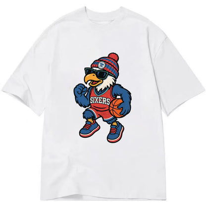 Philadelphia Eagle wearing 76ers red white and blue beanie with bell patch and - Classic T-shirt - White