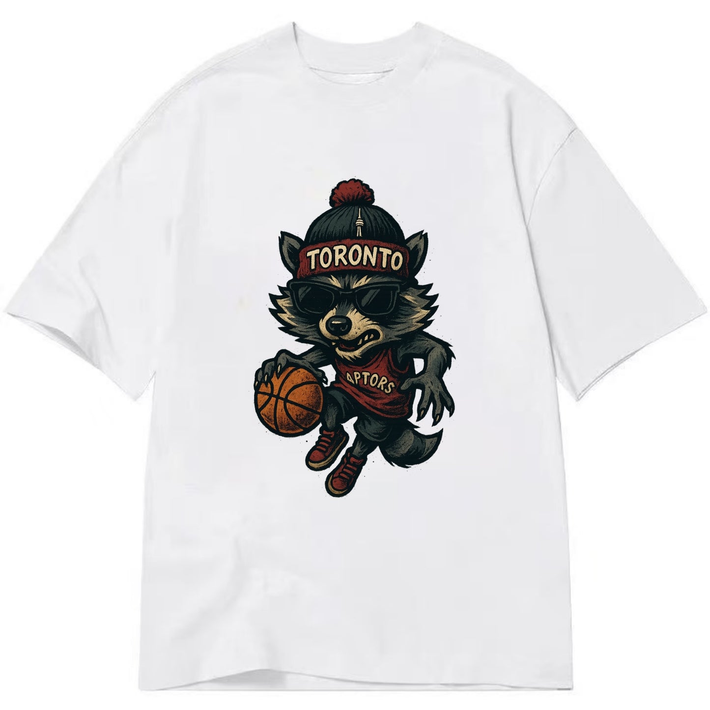 Toronto Raccoon wearing Raptors beanie with CN Tower patch and wayfarer sunglasses - Classic T-shirt - White