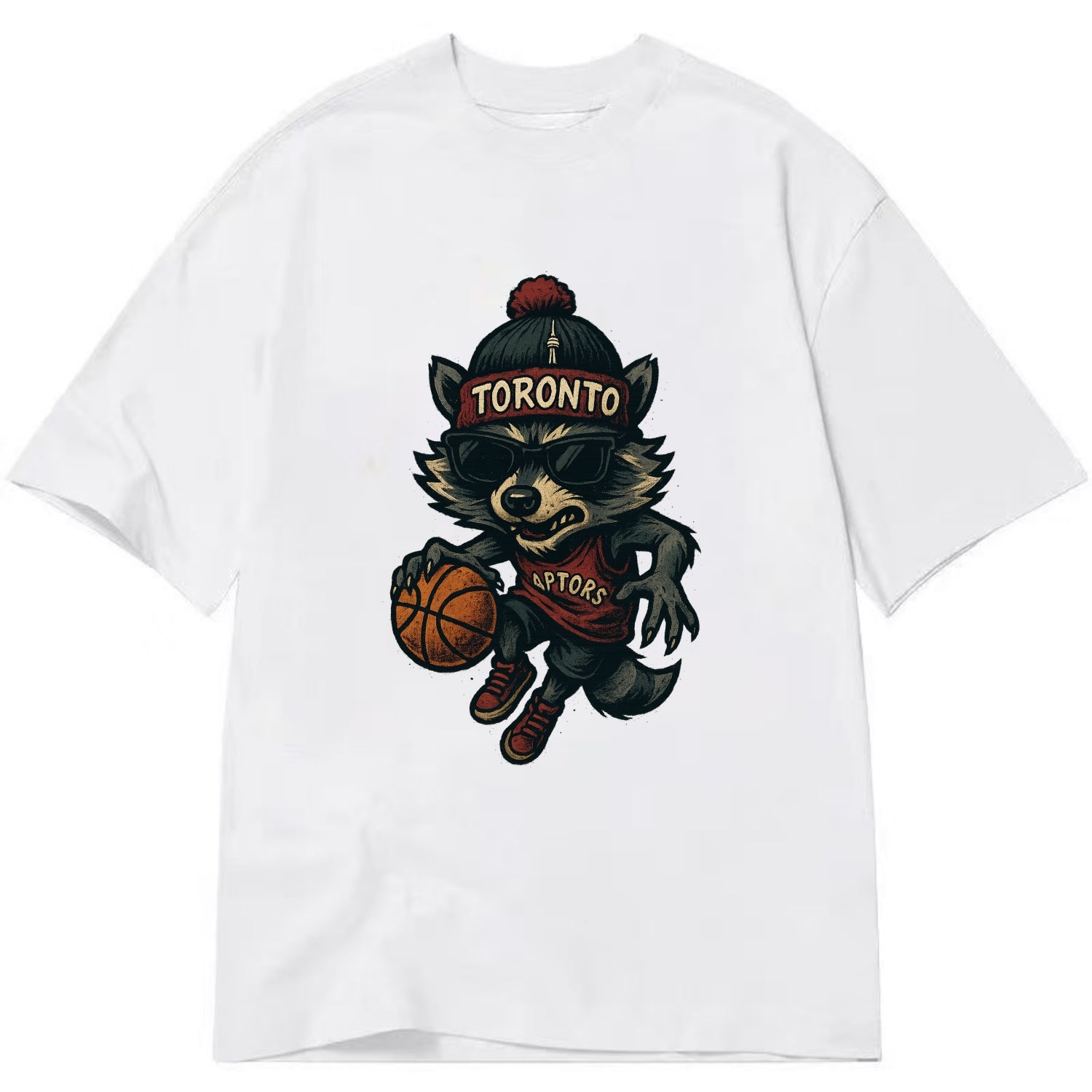 Toronto Raccoon wearing Raptors beanie with CN Tower patch and wayfarer sunglasses - Classic T-shirt - White
