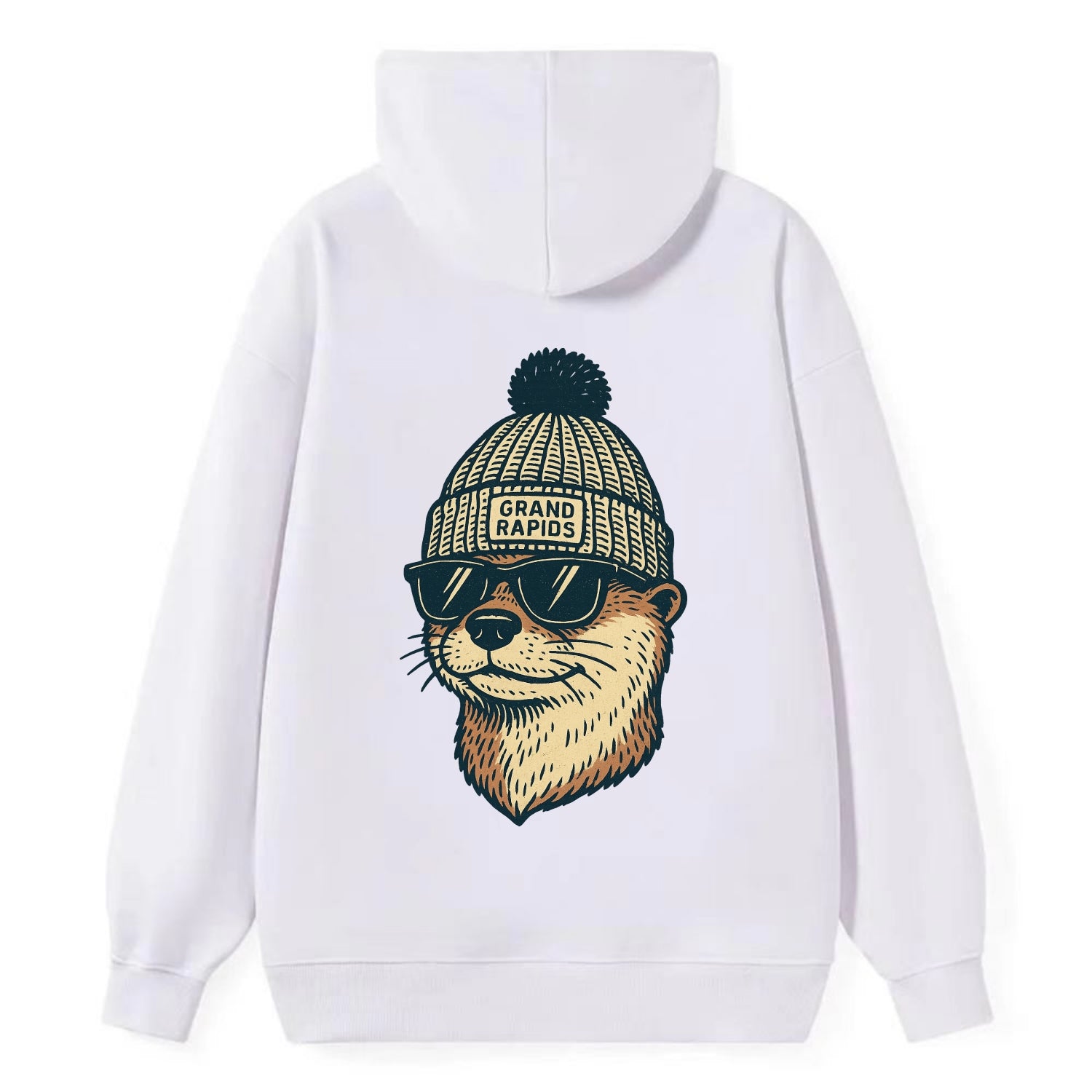 Grand Rapids River Otter wearing Grand Rapids beanie with pom pom and - Classic Pullover Hoodie - White