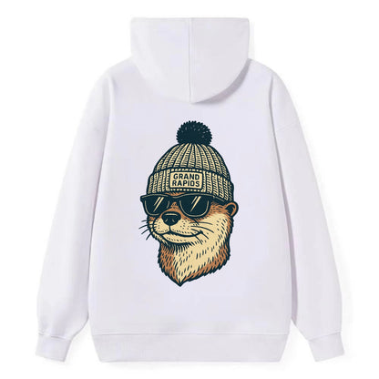 Grand Rapids River Otter wearing Grand Rapids beanie with pom pom and - Classic Pullover Hoodie - White