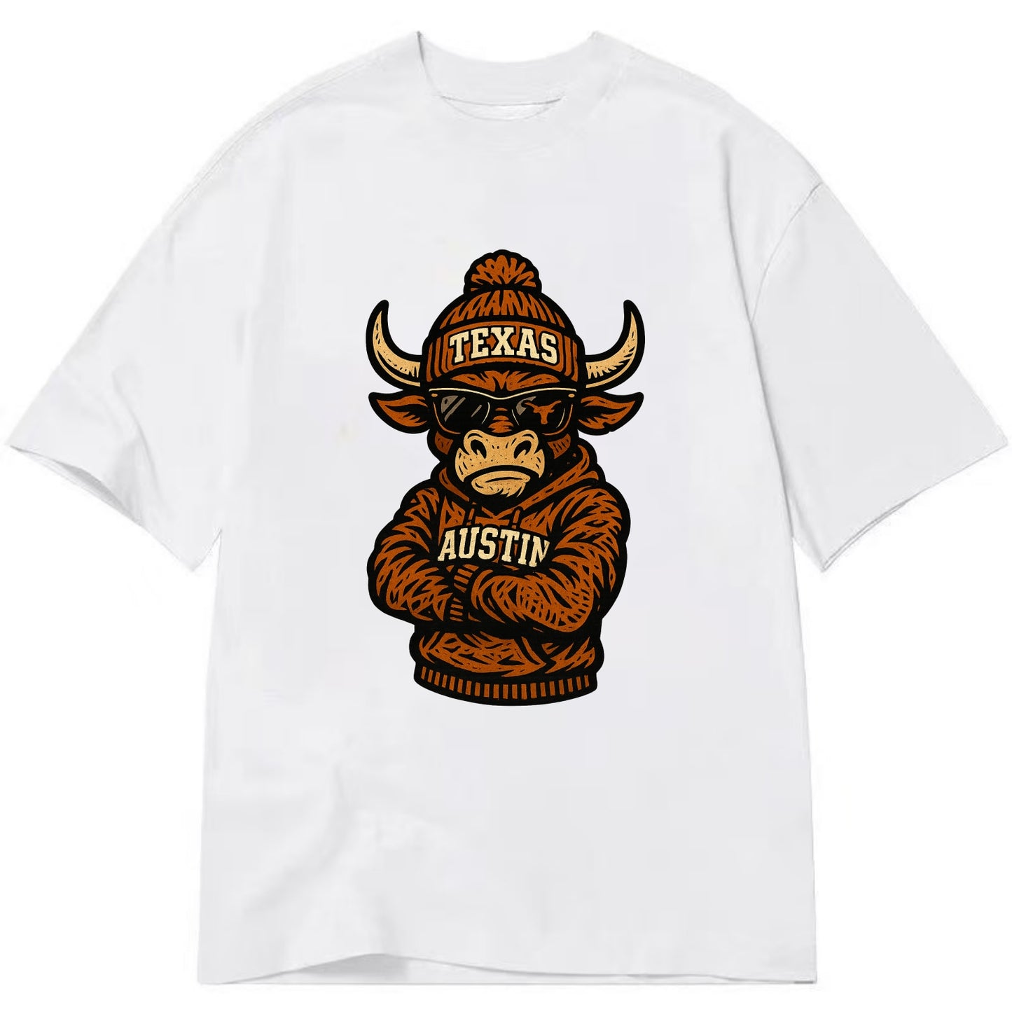 Austin Bevo wearing Texas beanie with longhorn patch - Classic T-shirt - White