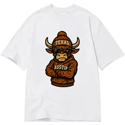 Austin Bevo wearing Texas beanie with longhorn patch - Classic T-shirt - White