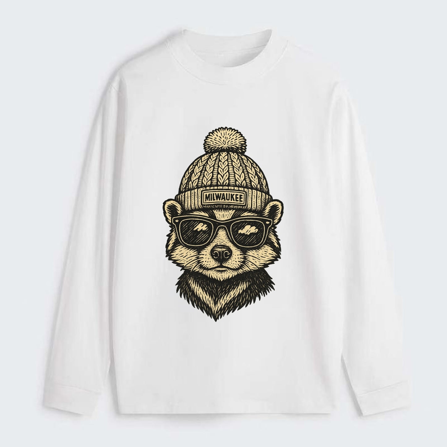 Wisconsin Badger wearing Milwaukee beanie with pom pom and wayfarer - Classic Long Sleeve Shirt - White