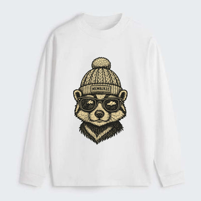 Wisconsin Badger wearing Milwaukee beanie with pom pom and wayfarer - Classic Long Sleeve Shirt - White