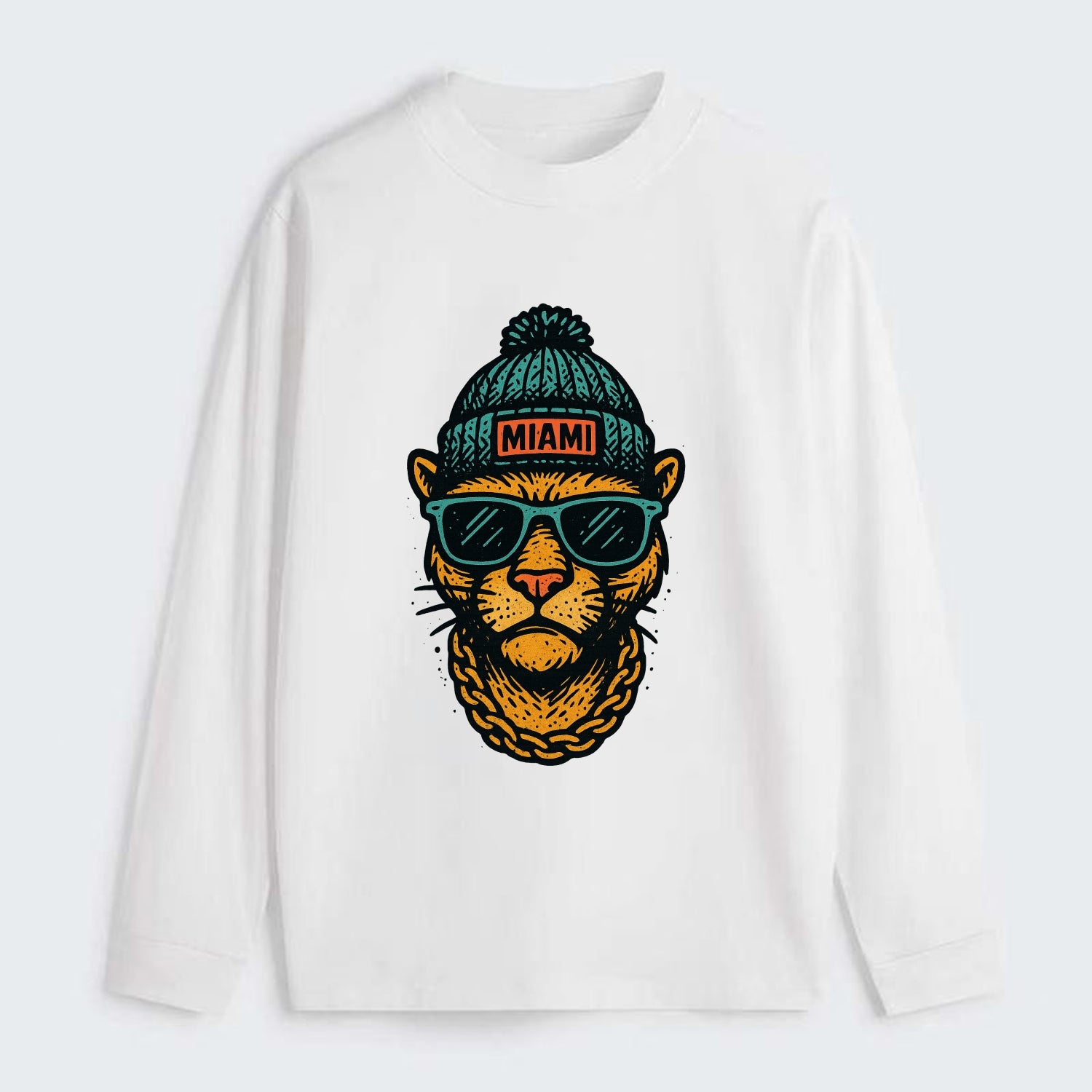 Florida Panther wearing Miami beanie with pom pom and wayfarer - Classic Long Sleeve Shirt - White