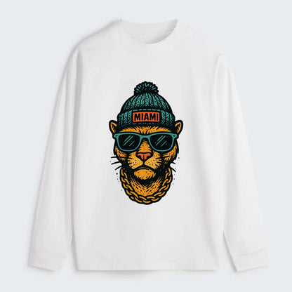 Florida Panther wearing Miami beanie with pom pom and wayfarer - Classic Long Sleeve Shirt - White