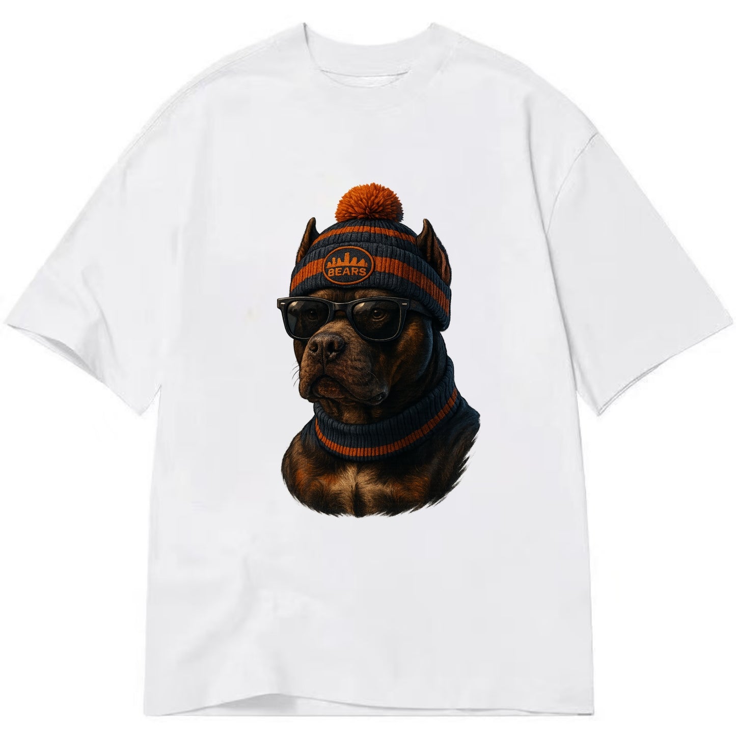 Chicago Pitbull wearing Bears beanie with skyline patch and wayfarer sunglasses - Classic T-shirt - White