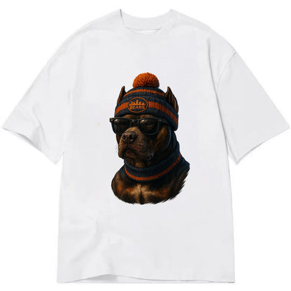 Chicago Pitbull wearing Bears beanie with skyline patch and wayfarer sunglasses - Classic T-shirt - White
