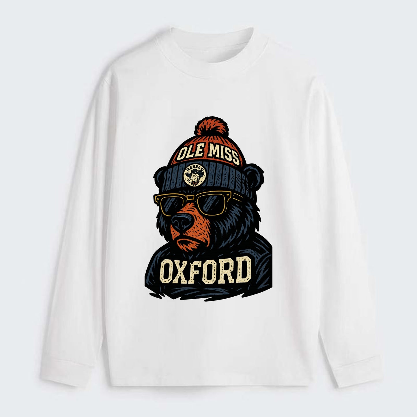 Oxford Black Bear wearing Ole Miss beanie with rebel patch - Classic Long Sleeve Shirt - White