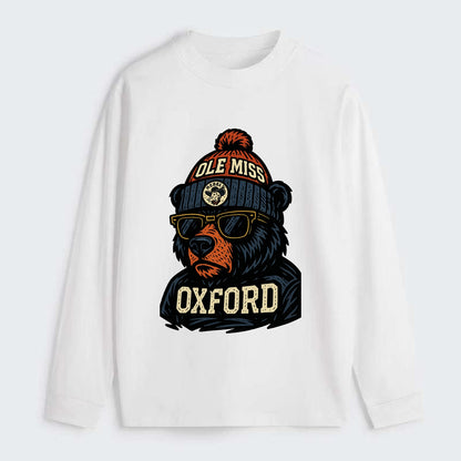 Oxford Black Bear wearing Ole Miss beanie with rebel patch - Classic Long Sleeve Shirt - White