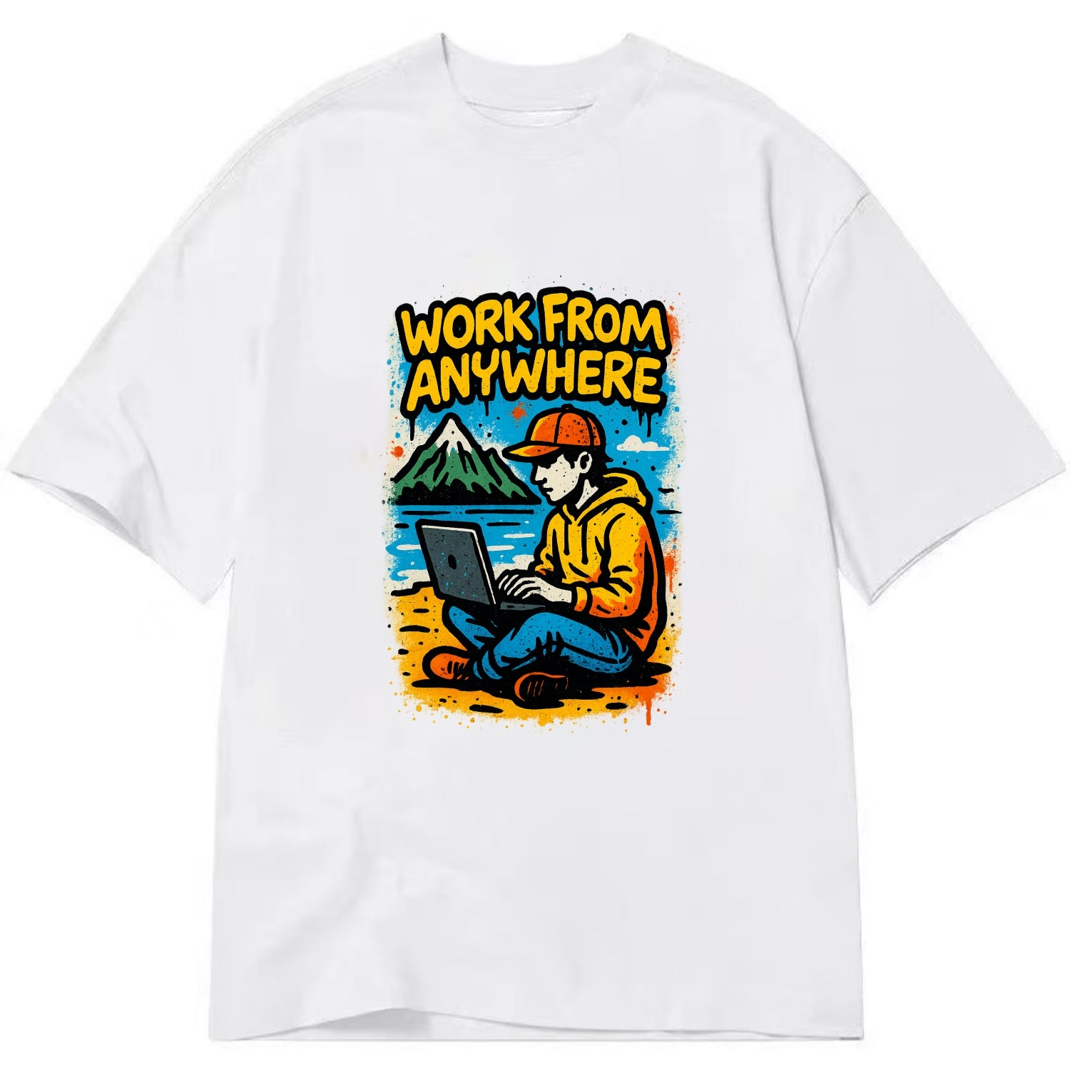 Digital nomad with laptop on beach/mountain - work from anywhere lifestyle, - Classic T-shirt - White