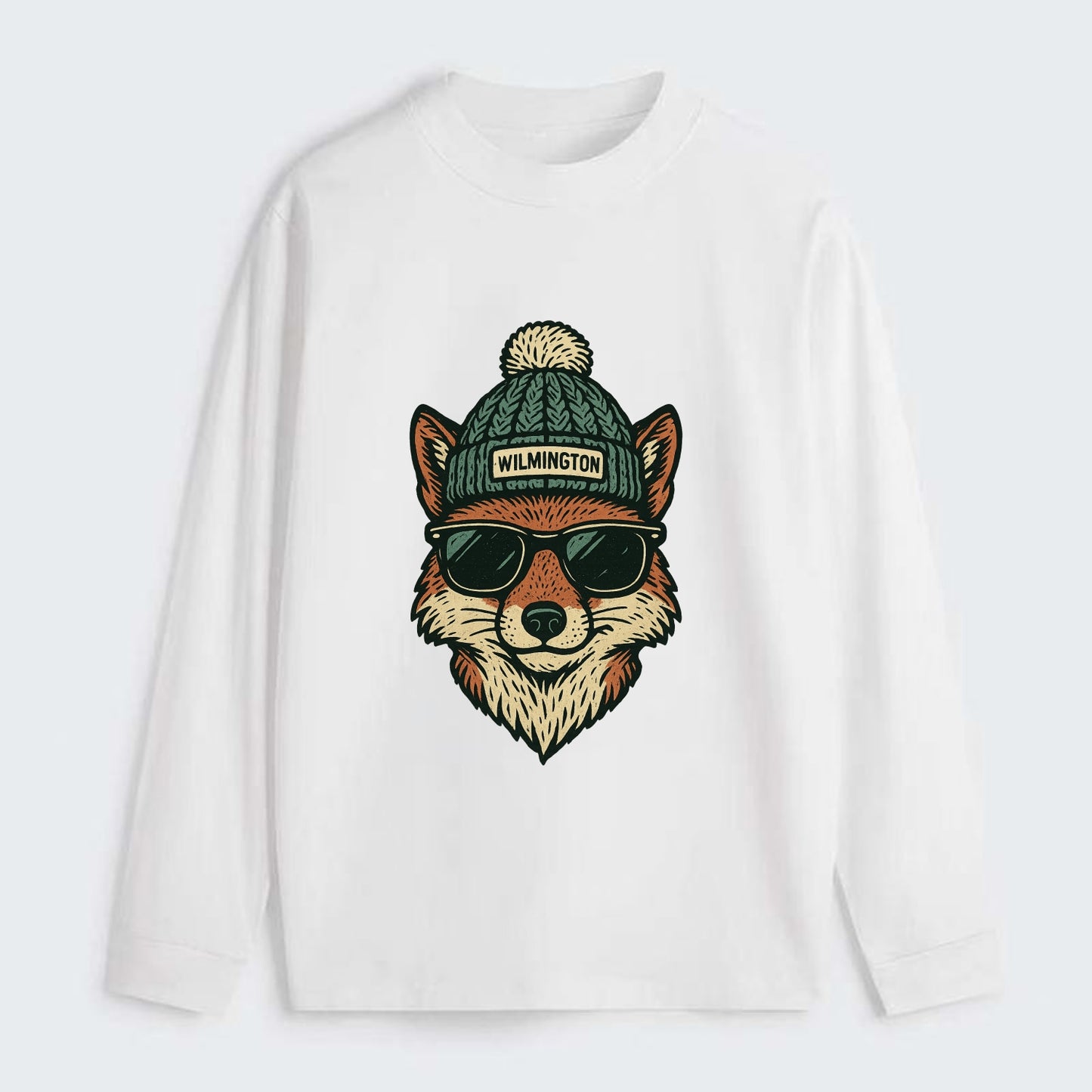 Delaware Gray Fox wearing Wilmington beanie with pom pom and wayfarer - Classic Long Sleeve Shirt - White