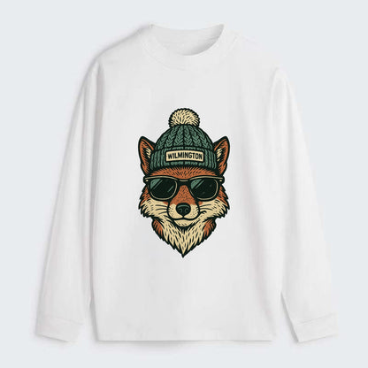 Delaware Gray Fox wearing Wilmington beanie with pom pom and wayfarer - Classic Long Sleeve Shirt - White