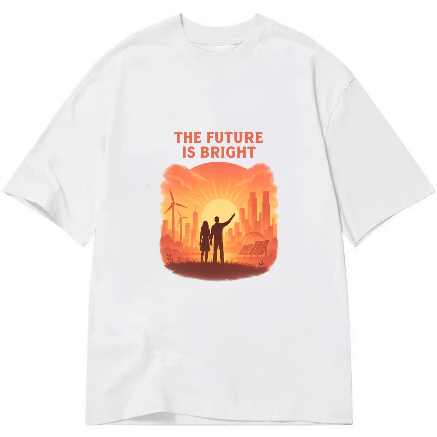 Sunrise over thriving sustainable city - "The Future is Bright" - optimistic - Classic T-shirt - White