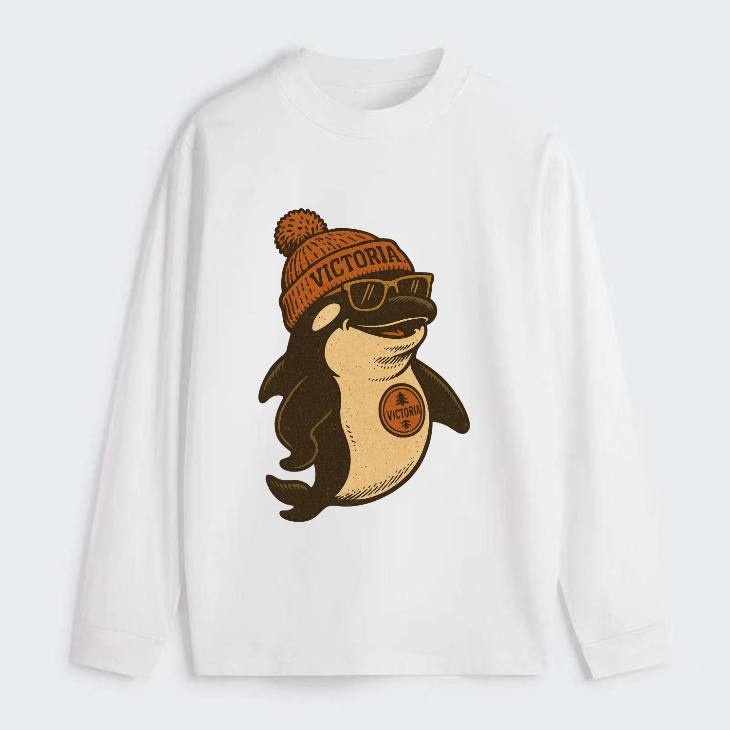 Victoria Orca wearing Victoria beanie with pom pom and wayfarer - Classic Long Sleeve Shirt - White
