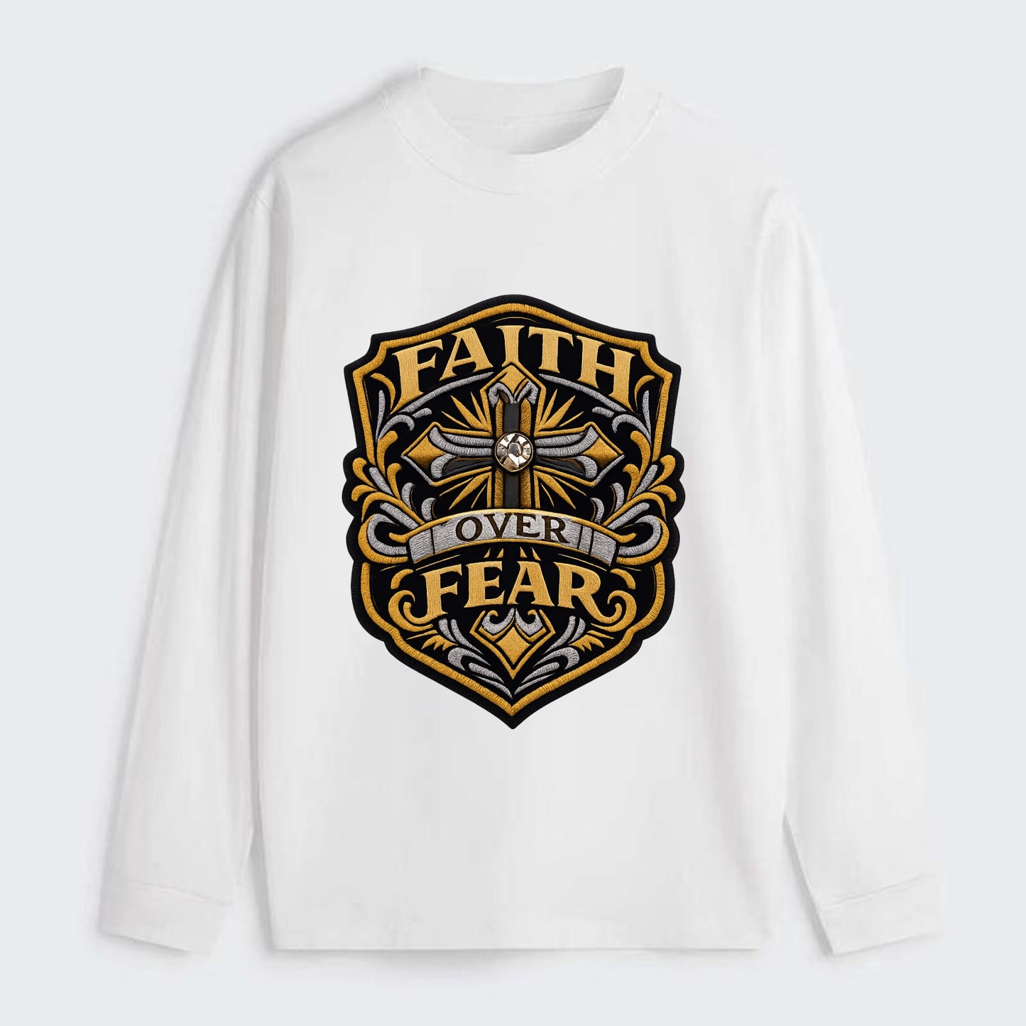 FAITH OVER FEAR - cross with text in gold , spiritual strength - Classic Long Sleeve Shirt - White