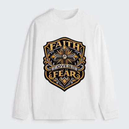 FAITH OVER FEAR - cross with text in gold , spiritual strength - Classic Long Sleeve Shirt - White