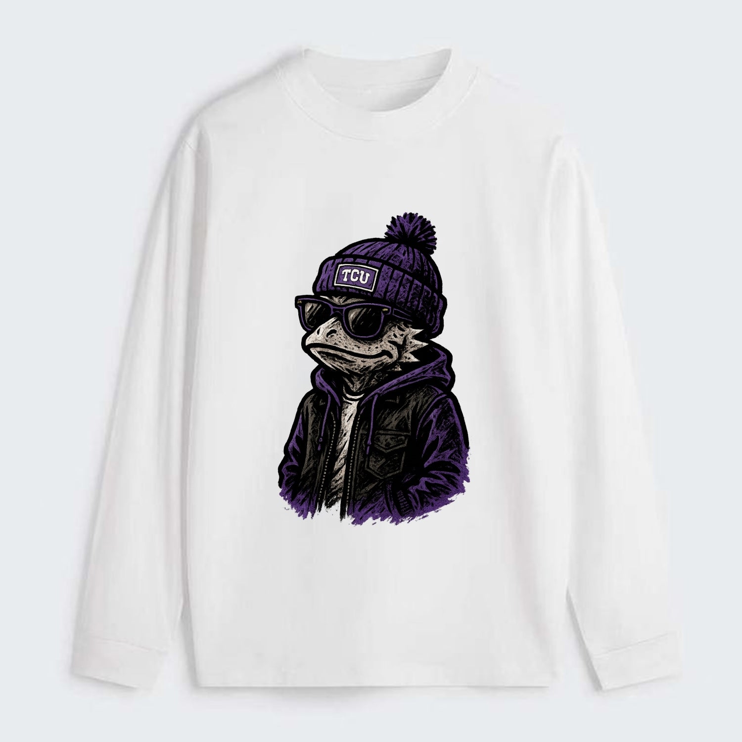 Fort Worth Frog wearing TCU beanie with horned patch - Classic Long Sleeve Shirt - White
