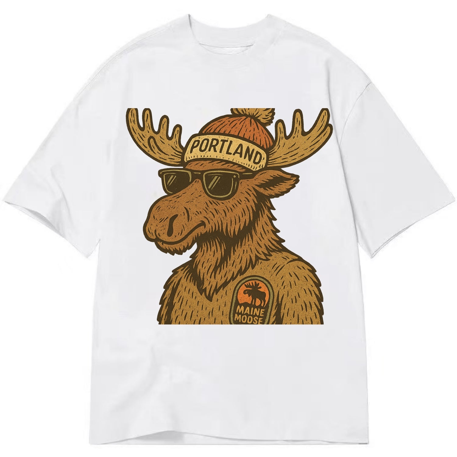 Maine Moose wearing Portland beanie with pom pom and wayfarer sunglasses - Classic T-shirt - White