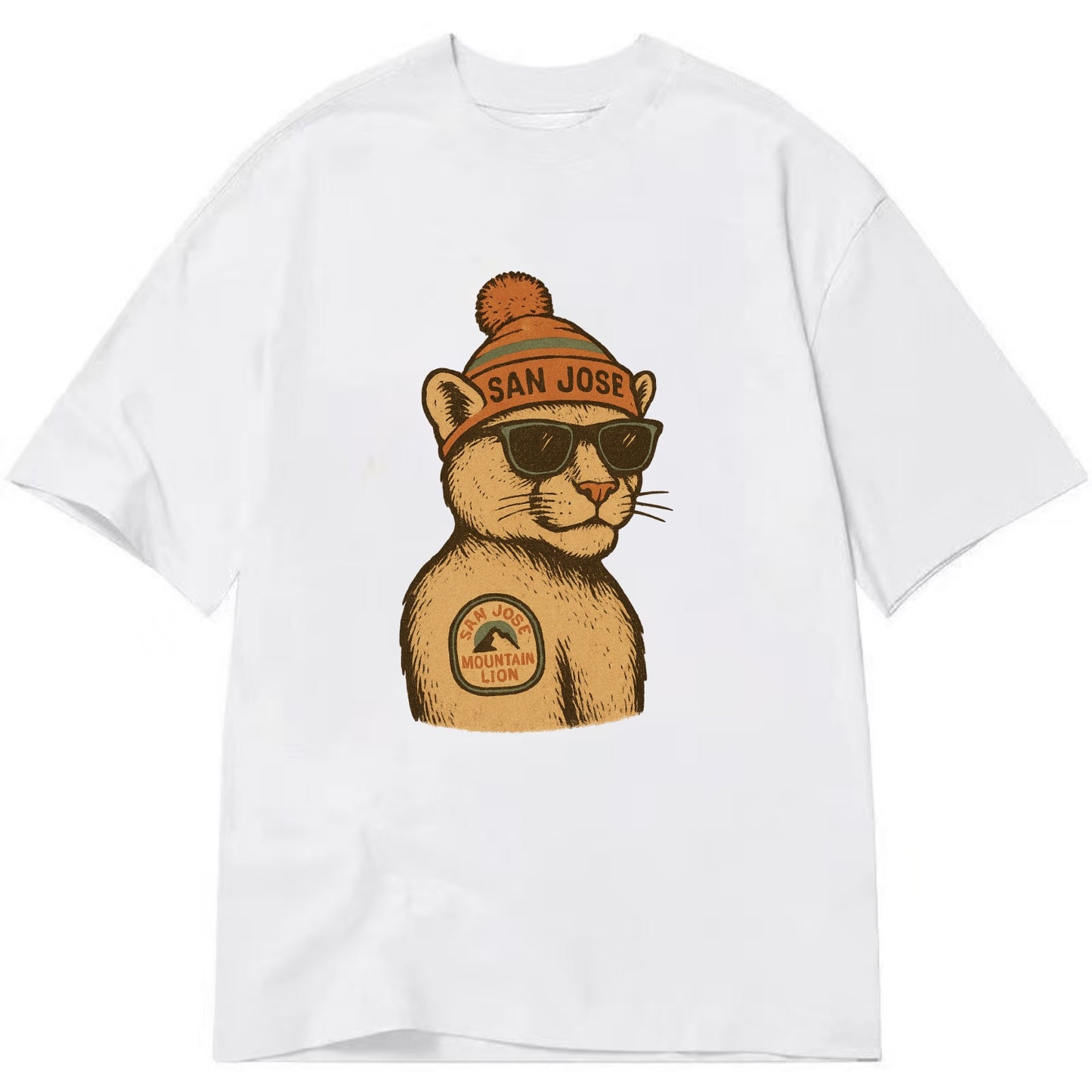 San Jose Mountain Lion wearing San Jose beanie with pom pom and wayfarer - Classic T-shirt - White