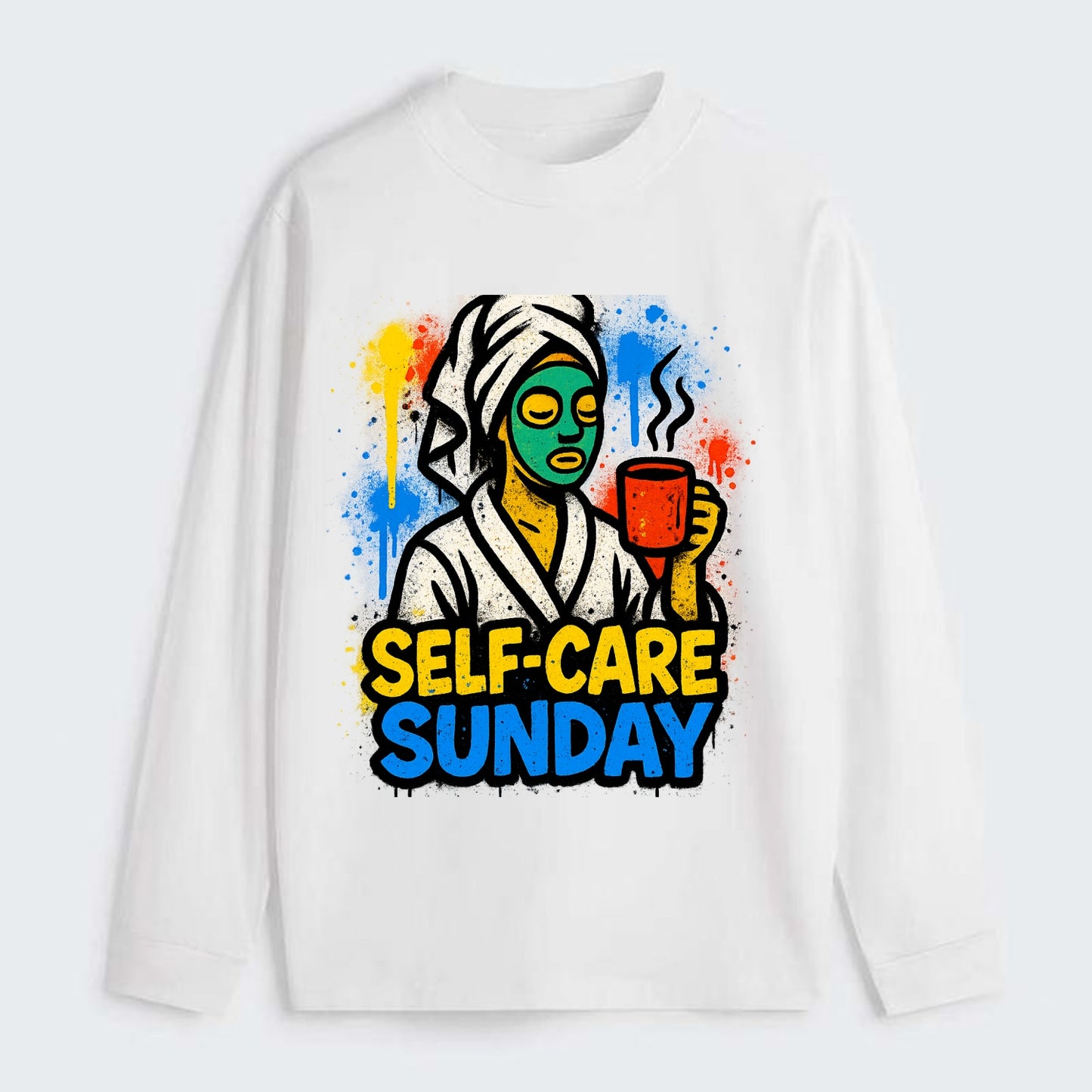 Person in bathrobe with face mask and tea - self-care Sunday ritual, - Classic Long Sleeve Shirt - White