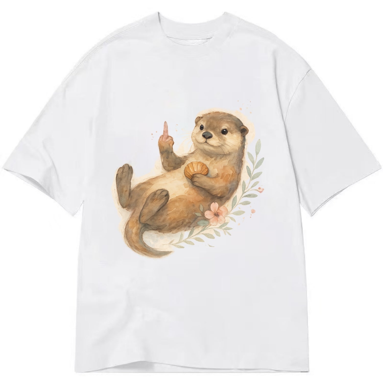 adorable otter floating on back, middle finger up while holding a shellfish - Classic T-shirt - White