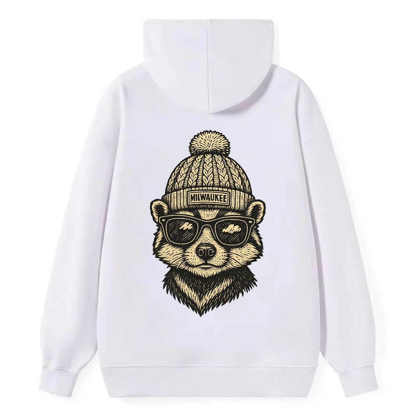 Wisconsin Badger wearing Milwaukee beanie with pom pom and wayfarer - Classic Pullover Hoodie - White