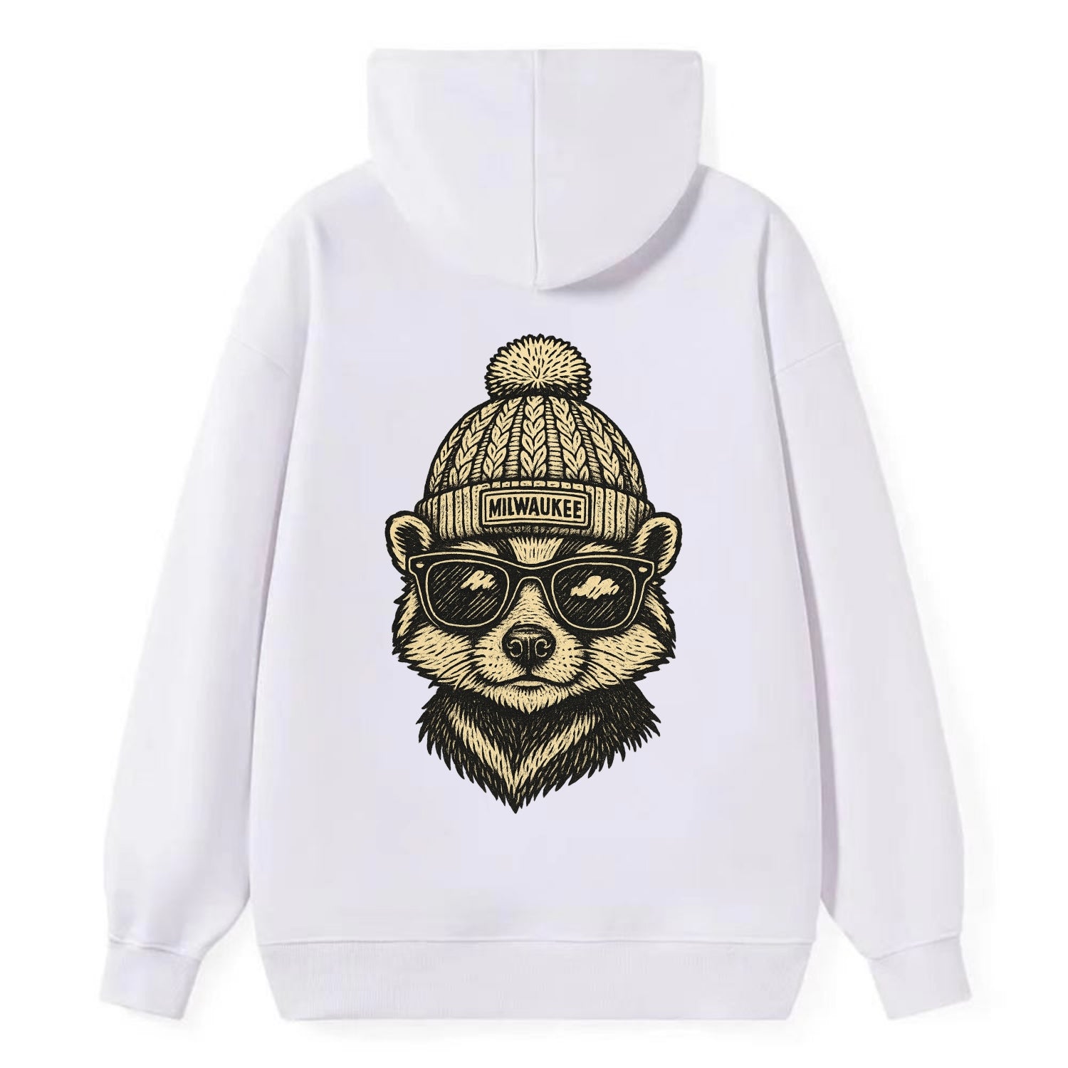 Wisconsin Badger wearing Milwaukee beanie with pom pom and wayfarer - Classic Pullover Hoodie - White