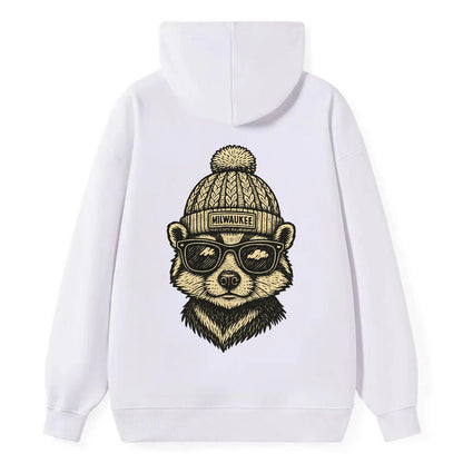 Wisconsin Badger wearing Milwaukee beanie with pom pom and wayfarer - Classic Pullover Hoodie - White