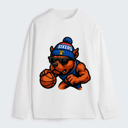 Philly Pitbull wearing Sixers beanie with Liberty Bell and wayfarer - Classic Long Sleeve Shirt - White