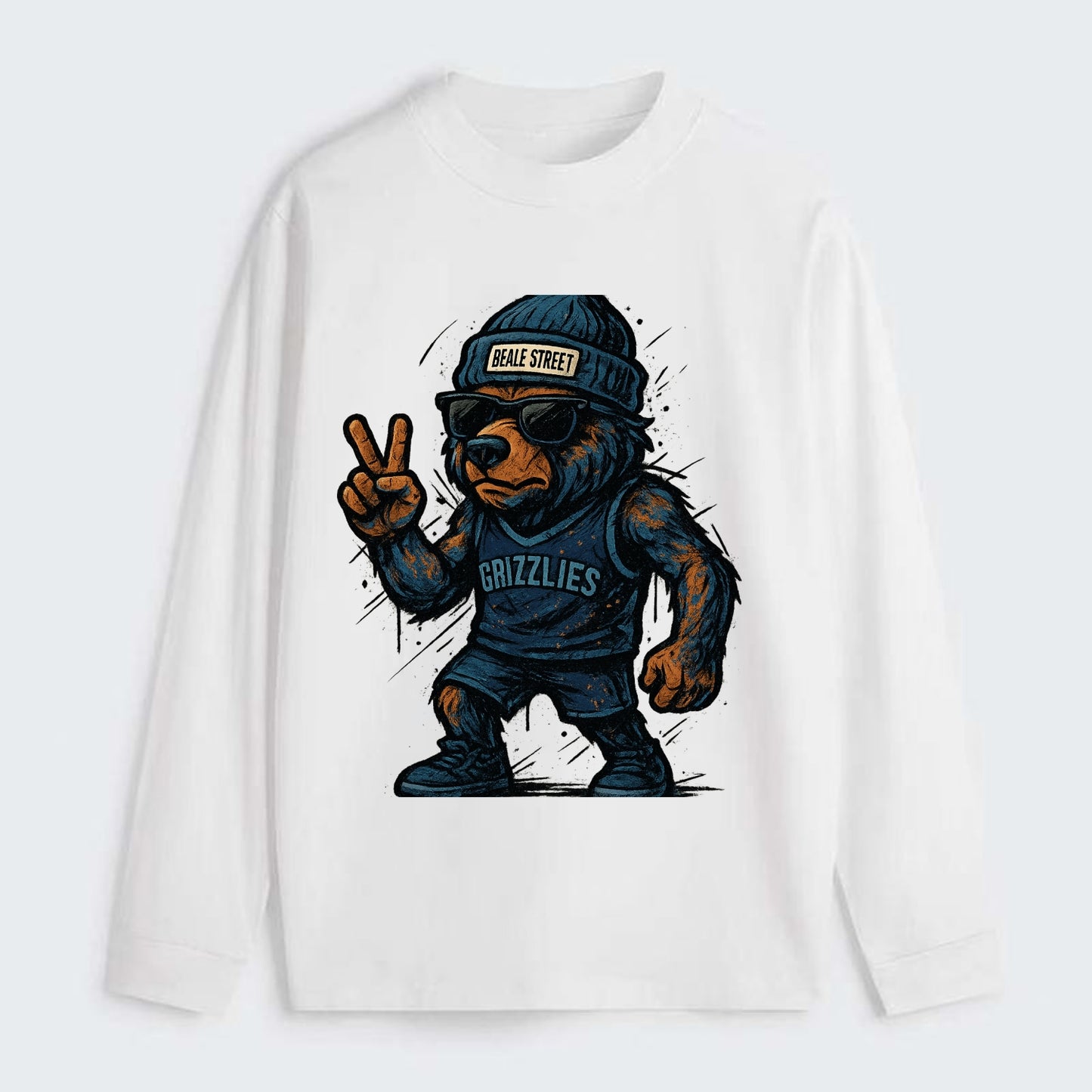 Memphis Grizzly Bear wearing Grizzlies navy and light blue beanie with - Classic Long Sleeve Shirt - White