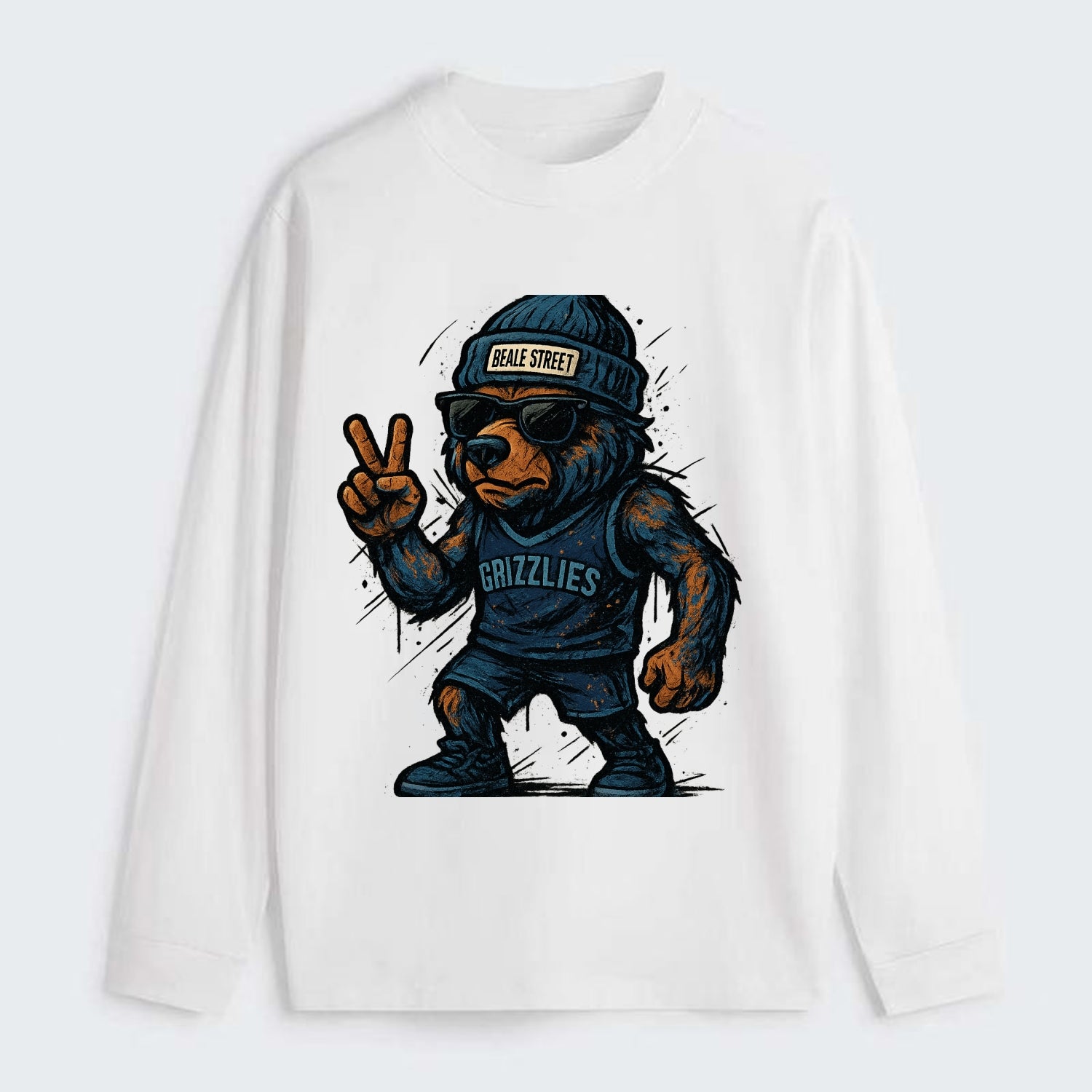 Memphis Grizzly Bear wearing Grizzlies navy and light blue beanie with - Classic Long Sleeve Shirt - White