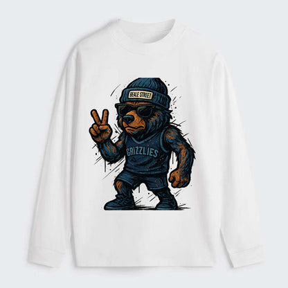 Memphis Grizzly Bear wearing Grizzlies navy and light blue beanie with - Classic Long Sleeve Shirt - White