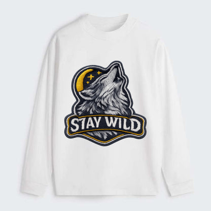 STAY WILD - wolf with text in gray , free spirit - Classic Long Sleeve Shirt - White