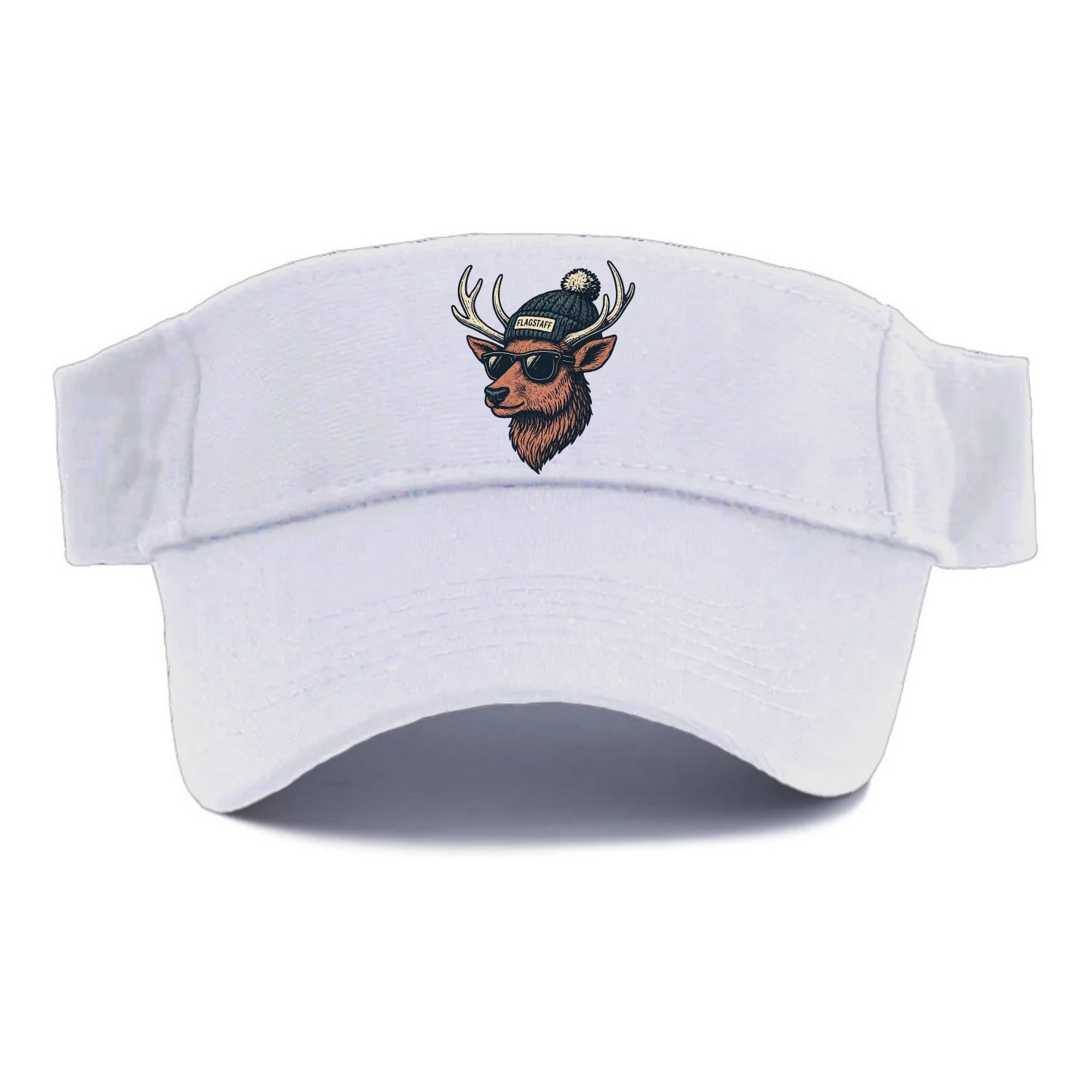 Flagstaff Elk wearing Flagstaff beanie with pom pom and wayfarer sunglasses - Visor - White