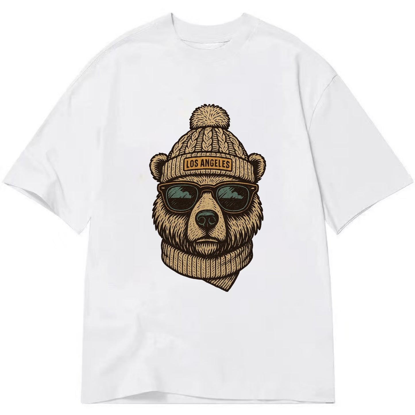 California Grizzly Bear wearing Los Angeles beanie with pom pom and wayfarer - Classic T-shirt - White