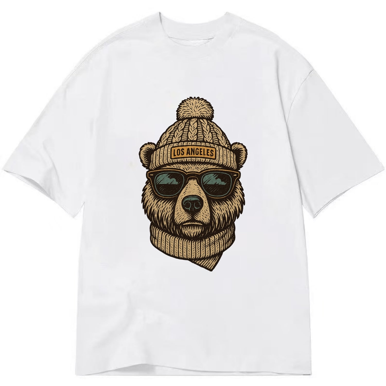 California Grizzly Bear wearing Los Angeles beanie with pom pom and wayfarer - Classic T-shirt - White