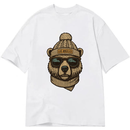 California Grizzly Bear wearing Los Angeles beanie with pom pom and wayfarer - Classic T-shirt - White