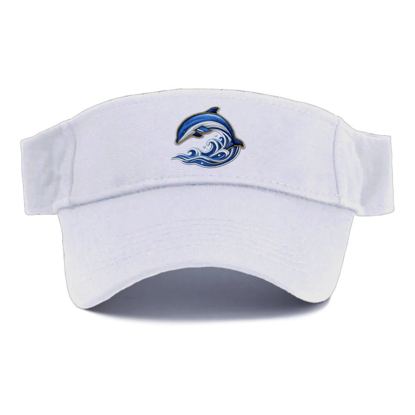 Embroidered patch design - SWIMMING DOLPHIN - diving dolphin with waves in blue and silver - Visor - White